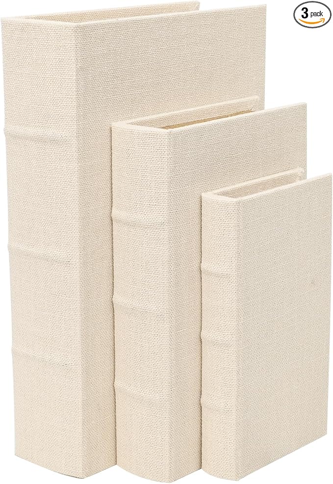 DECOR4SEASON Decorative Book Boxes Set of 3 – Modern Faux Linen & Wood Hidden Storage for Coffee Table – Stackable Fake Books for Shelf Decor, Remote Control & Jewelry Organizer (Beige)