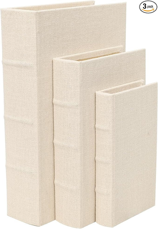 DECOR4SEASON Decorative Book Boxes Set of 3 – Modern Faux Linen & Wood Hidden Storage for Coffee Table – Stackable Fake Books for Shelf Decor, Remote Control & Jewelry Organizer (Beige)