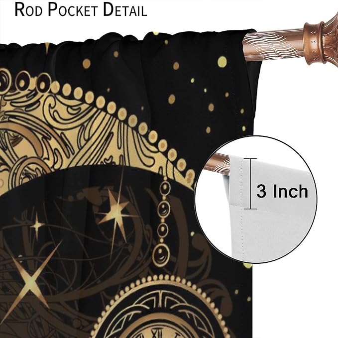 Sun Moon Blackout Windows Curtains, Retro Bohemian Antique Hippie Gold Sun Crescent and Star Curtains, for Living Room Bedroom 42x54in 2 Panels