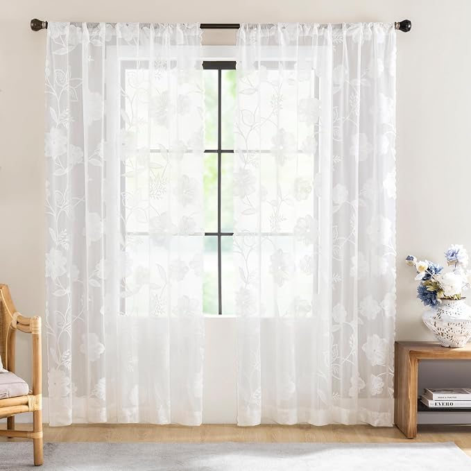 White Lace Sheer Curtains 63inch Rose Knitted Net Curtains with Vintage Floral Embroidered for Living Room Bedroom Window Privacy Country Chic Retro Leaf Semi Sheer Drapes Rod Pocket 54"W 2Panels