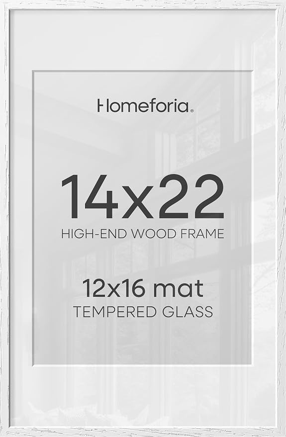 Homeforia 14x22 Picture Frame White, High End Oak 14x22 White Wood Frame with Mat 12x16 Photo, 14 x 22 Wooden Poster Frames Matted to 12 by 16, 22x14 Hanging Frames, Tempered Glass, Wall Kit, Set of 1