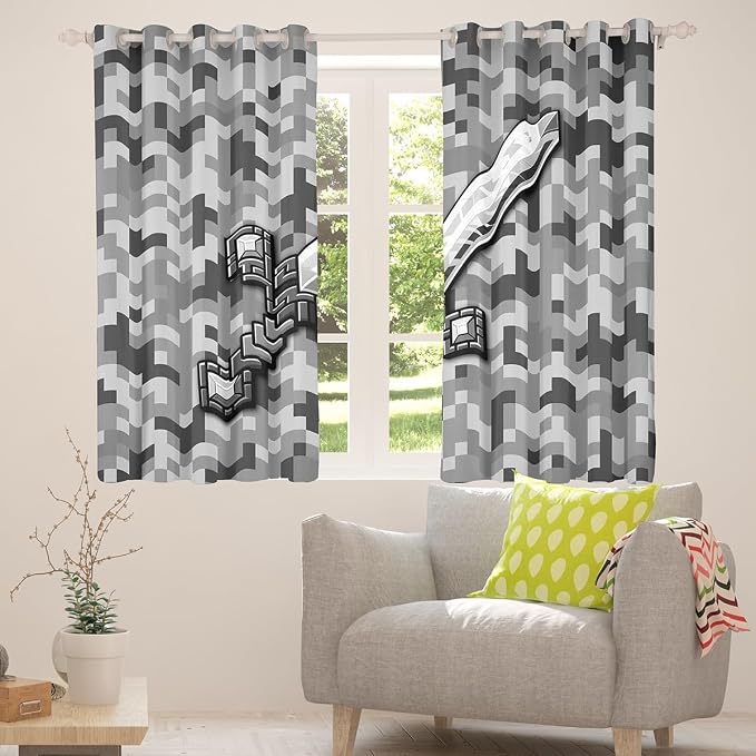 Castle Fairy Grey Pixel Style Window Curtain,Geometric Miner Grid Privacy Blackout Curtain for Window Cool Sword Shade Windows Covering for Bedroom Video Games Drapes 2 Panels,38Wx54L
