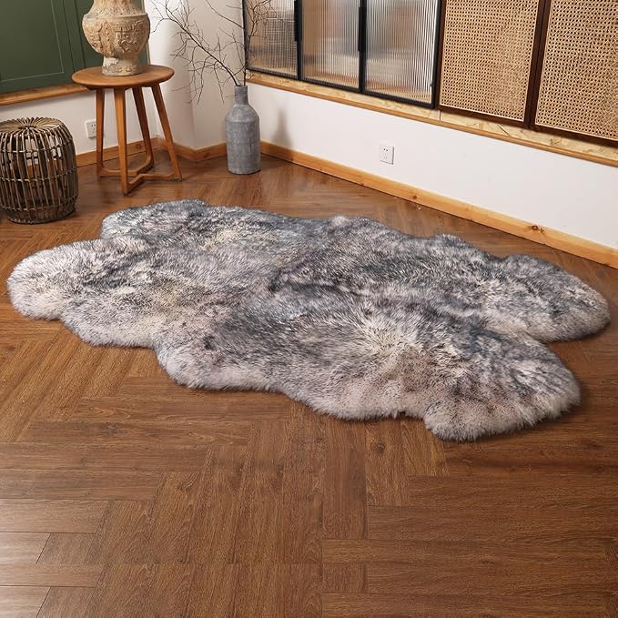 LLB Genuine Sheepskin Area Rug Wool Rug Fur Carpet Fluffy Shaggy Fur Rug for Living Room Kids Bedroom Real Sheepskin Throw Lambskin Rugs Sofa Mat Chair Seat Covers (Snow Grey, 4 x 6 ft Sheepskin)