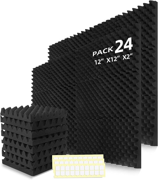 24 Pack Acoustic Panels Foam for Walls, 2"x12"x12" Sound Absorbing Panels, High Density Fire Resistant Soundproof Panels for Studio Recording (Black-24 Pack, 12"x12"x2")