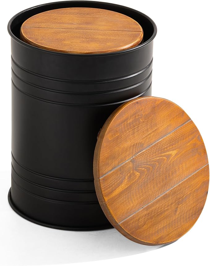 Glitzhome Rustic End Table Set of 2, Farmhouse Galvanized Metal Barrel Ottoman Storage Stool with Round Wood Lid for Living Room Furniture, Black