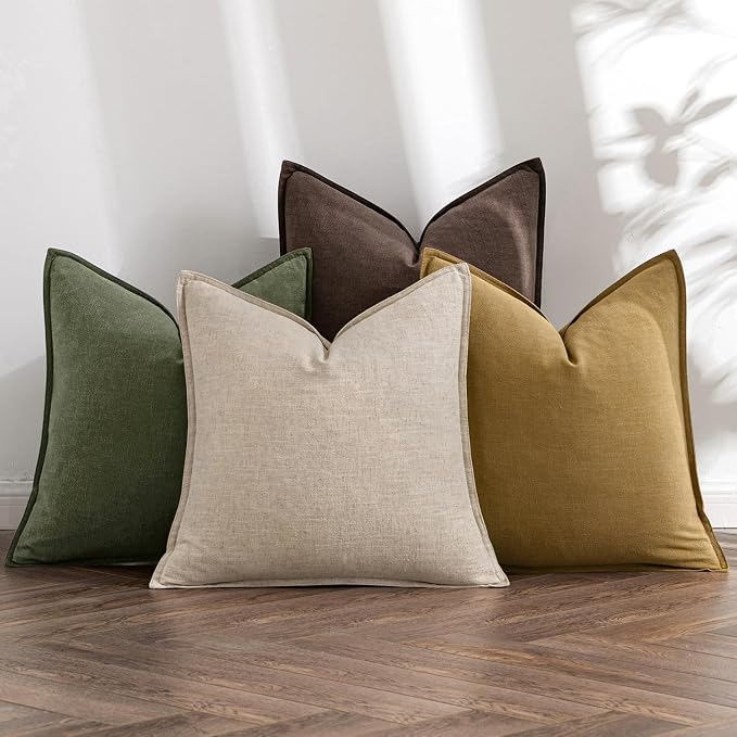 MIULEE Neutral Green/Brown Boho Linen Pillow Covers 18x18 Inch Pack of 4 | Natural Decorative Throw Pillow Covers Soft Farmhouse Couch Pillowcases Decors for Living Room Bed Sofa