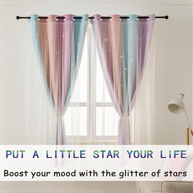 Cute Star Blackout Curtains for Girls Bedroom, Princess Curtains, W52X L84 | 2 Panels Pink Purple Thick Grommet Top Star Cutout Curtains, Double Layer Nursery Kids Curtains, Aesthetic Living Room Decor