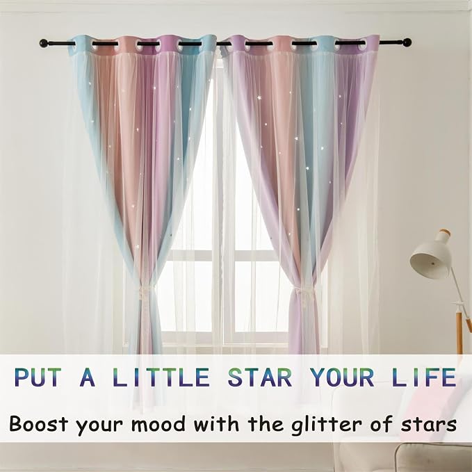 Cute Star Blackout Curtains for Girls Bedroom, Princess Curtains, W40X L84 | 2 Panels Pink Purple Thick Grommet Top Star Cutout Curtains, Double Layer Nursery Kids Curtains, Aesthetic Living Room Decor