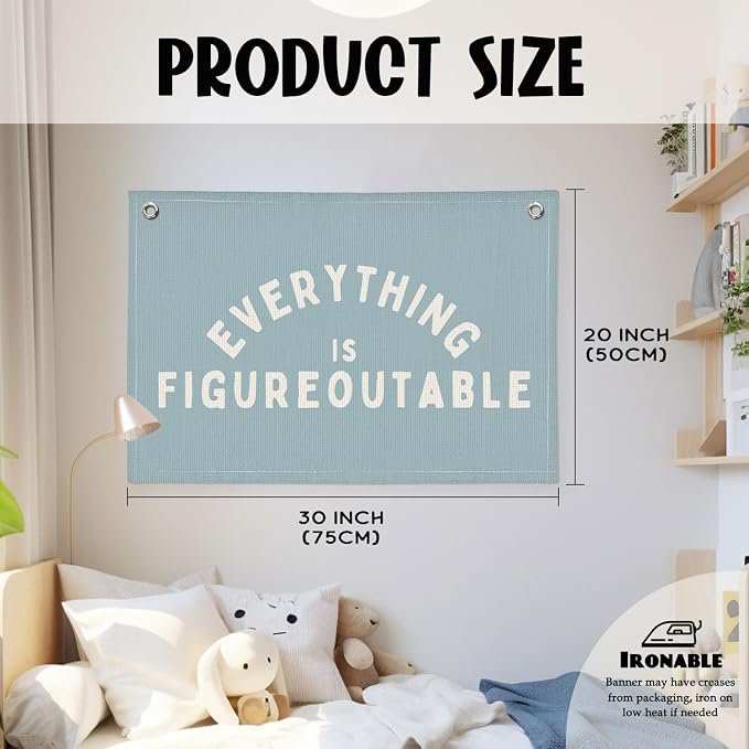 Everything is Figureoutable Inspirational Wall Decor, Motivational Classroom Decor, Classroom Wall Linen Canvas Banner Hanging Flag, 20x30 Inch - Blue