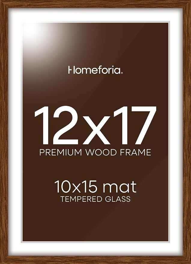 Homeforia 12x17 Picture Frame Brown, High End Dark Oak 12x17 Poster Wood Frame with Mat 10x15 for Photo, 12 x 17 Wooden Walnut Frame Matted to 10 x 15, 17x12 Frames, Tempered Glass, Wall Kit, Set of 3