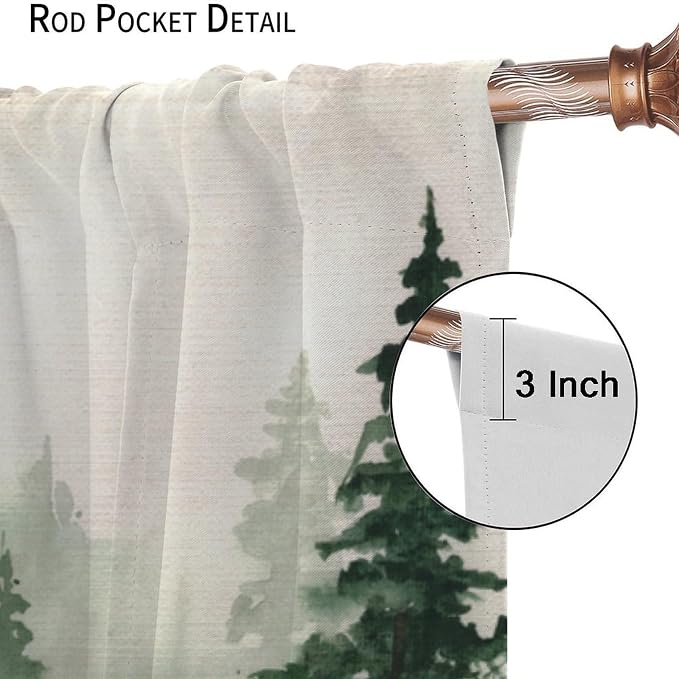 Watercolor Forest Blackout Curtains for Bedroom,Vintage Rustic Watercolor Green Misty Nature Forest Tree Tree Plant Print for Kids Boys Girls Living Room Bathroom 52x96in