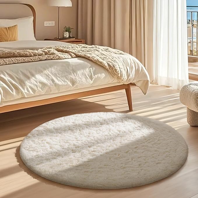 Ophanie Round Rugs 3Ft Ivory Circle Area Rug Washable, Nursery Bedroom Carpet, Small Fluffy Fuzzy Plush Soft Shaggy Cream Living Room Christmas Aesthetic Decor for Kids Boys Girls Teen Baby Home, Dorm