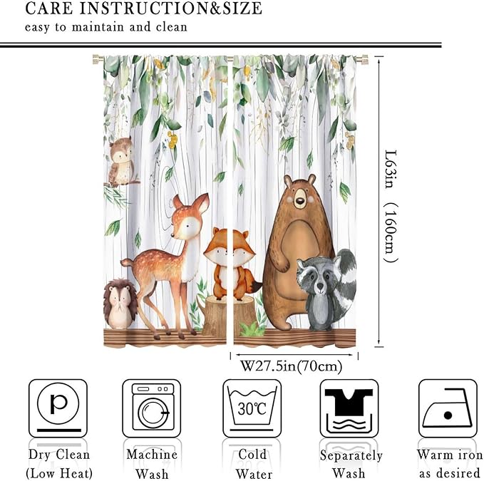 Forest Animal Curtains, Watercolor Wild Animal Bear Fox Deer Kids Window Treatments for Living Room Bedroom,Green Woodland Tree Kids Drapes 2 Panel Sets,55x63 Inch