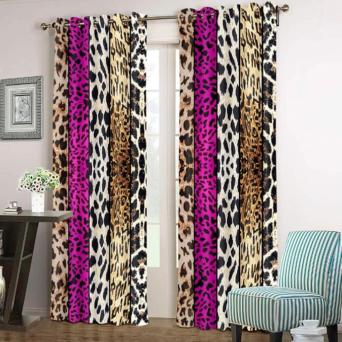 Wild Animal Print Curtain, Room Darkening Thermal Insulated Blackout Leopard Boa Window Drapes with Grommets for Living, Dining, Bedroom, Hot Pink Leopard Print, 52"x 90", 2 Panels