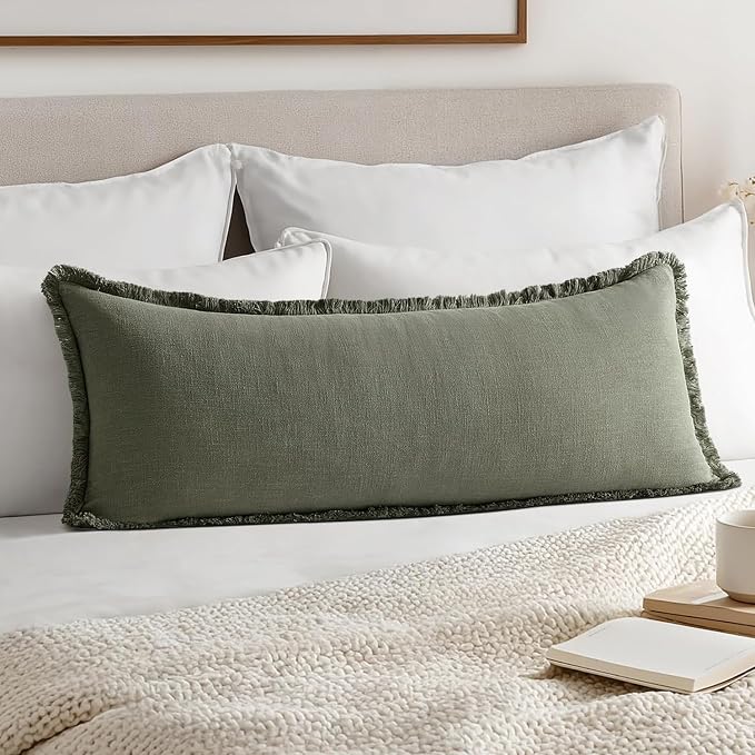 MIULEE Decorative Throw Pillow Covers Neutral Linen Fringe Throw Pillows Set of 1 Light Olive Green Boho Farmhouse Cushion Covers for Couch Sofa Bed Living Room Spring Home Decor 14x36 Inch