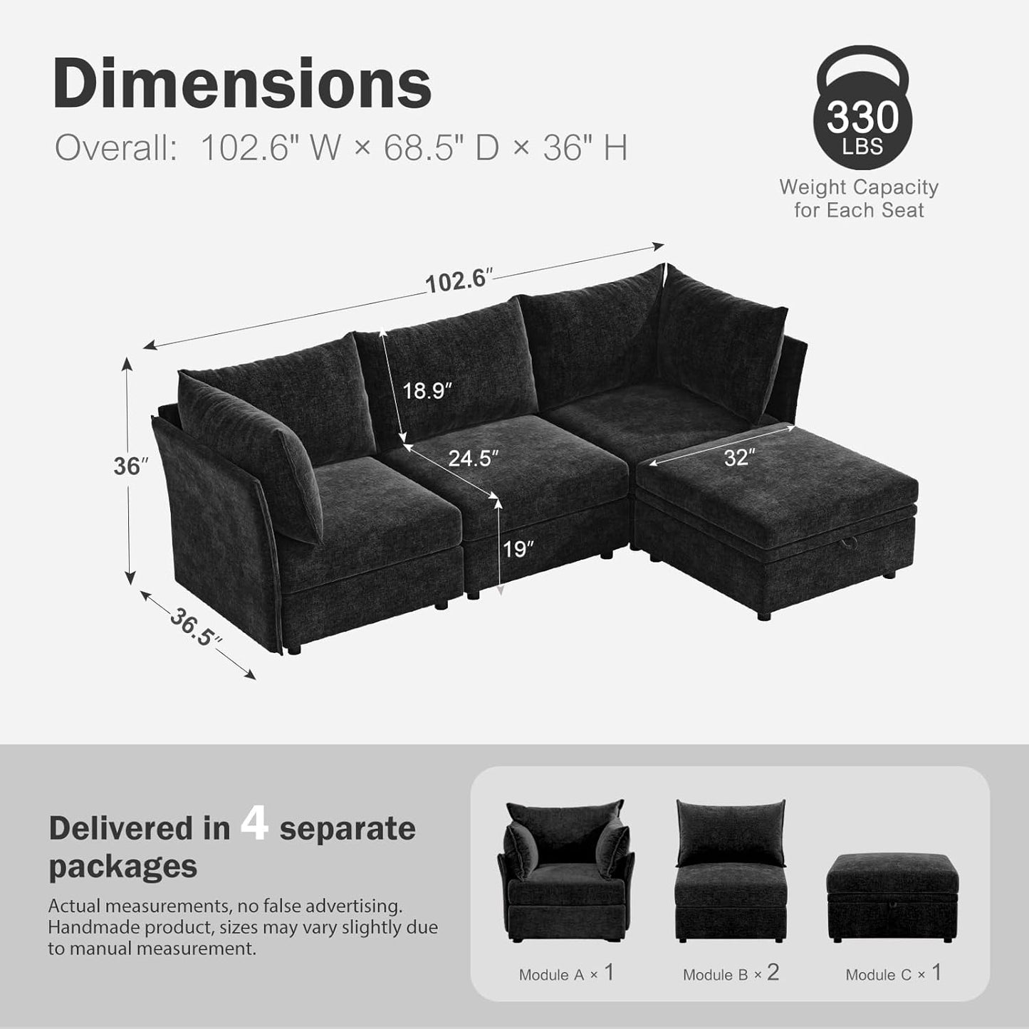 102.6" Modular Sectional Sofa, L Shaped Couch Set for Living Room, 3-Seater Comfy Cloud Couches with Movable Storage Ottoman,DIY Combination - Chenille Black