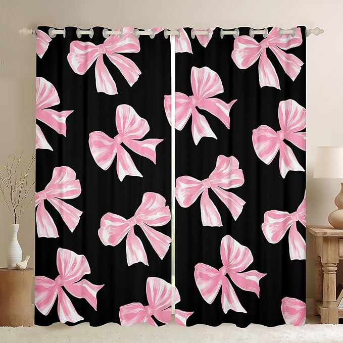 Erosebridal Pink Bow Window Curtain Kawaii Girly Bowknot 42"Wx90"L Curtain For Girls,Dreamy Princess Bow Tie Window Treatments For Kids Teen Women Bedroom Decor,Watercolor Bow Black Curtains & Drapes