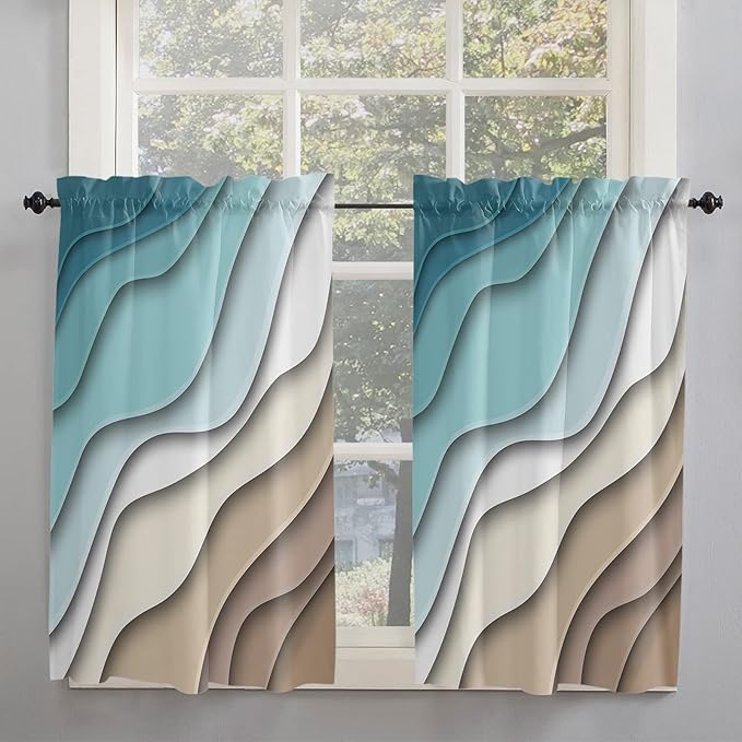 54 Inch Long Tier Curtains for Kitchen, Abstract Geometric Teal Brown Gradient Waves Beach Bathroom Window Curtains Rod Pocket Short Curtains Window Treatment Tiers for Living Room Farmhouse 2 Panels