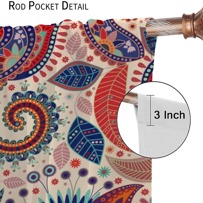 Boho Decorative Curtains Bedroom Living Room Rod Pocket Curtains, Vintage Boho Grill Floral Pattern 2 Panel Set, 63x63 in.