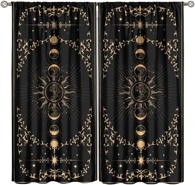 Sun Moon Blackout Curtains, Retro Bohemian Gold Sun Moon Stars Magic Art Window Treatment Drapes for Bedroom Living Room 52" W X 84" L
