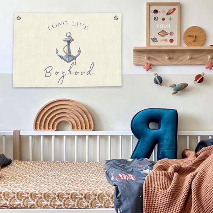 RTXLEZM Nautical Boy Nursery Decor, Long Live Boyhood Canvas Banner | Anchor Nautical Ocean Coastal Wall Art Prints for Kids Toddler Boys Nursery Room Bedroom Playroom Decor, 20x30 Inch