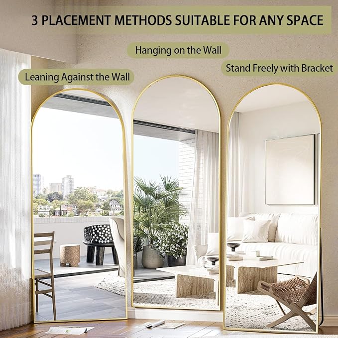 BEAUTYPEAK 71"x26" Full Length Mirror, Arch Full Body Floor Mirror, Wall Mirrors Hanging or Leaning Arched-Top with Stand for Bedroom, Dressing Room, Living Room, Gold
