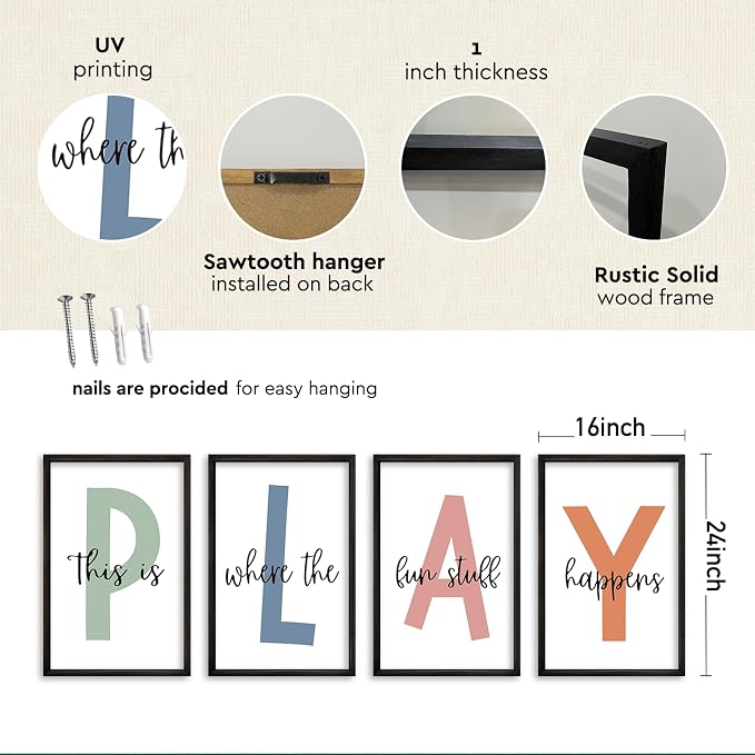 This Is Where Fun Stuff Happens Kids Playroom Wall Decor PLAY Quote Art | Motivational Prints for Nursery, Black Wood Frame, Set of 4, 16x24 Inches , Let's Play Sign for Toddler Boys, Ready to Hang