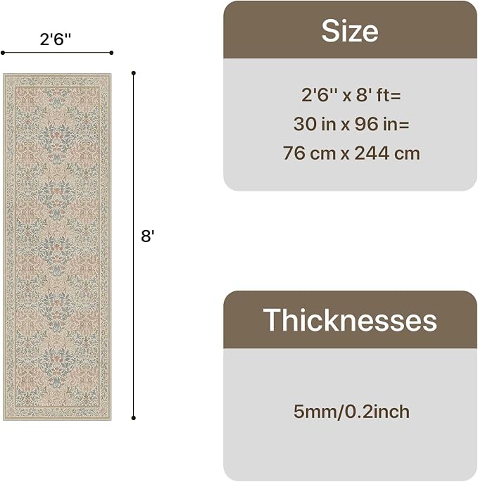GENIMO 2.5x8 Washable Hallway Runner Rug, Non Slip, Beige Pink | Vintage Boho Floral Low Pile Thin Mat for Entryway, Kitchen, Bedroom, Indoor Decor