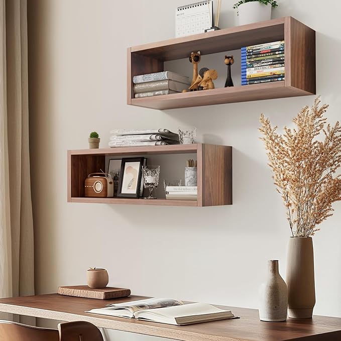 Kaboon 24in Floating Cube Shelves Set of 2, Display Shelves Wall Mount, Decorative Hanging Shelves for Kitchen Living Room Office,(Dark Walnut, Rectangle 2 Cubes)