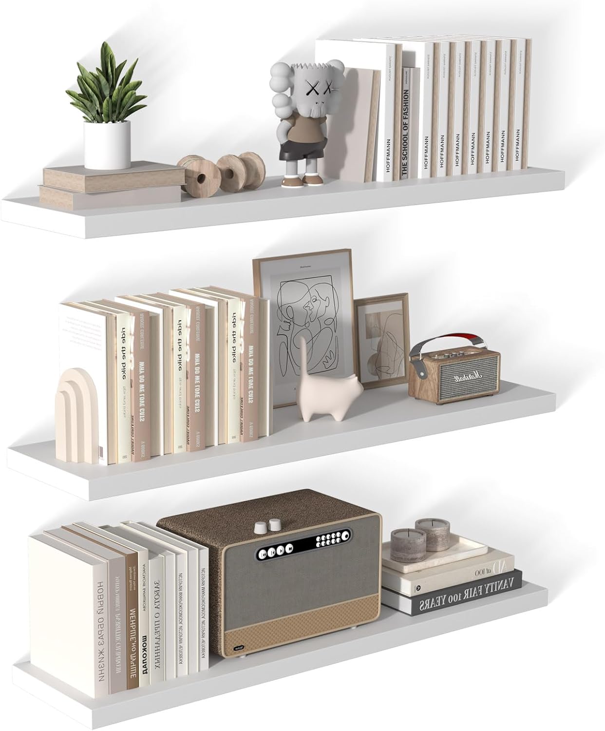 48 Inch Floating Shelf 3 Pack Large Floating Shelves for Wall No Drilling Accessories Included Deep Wall Shelves for Living Room Kitchen Farmhouse 48" W x 12" D x 1.2" White