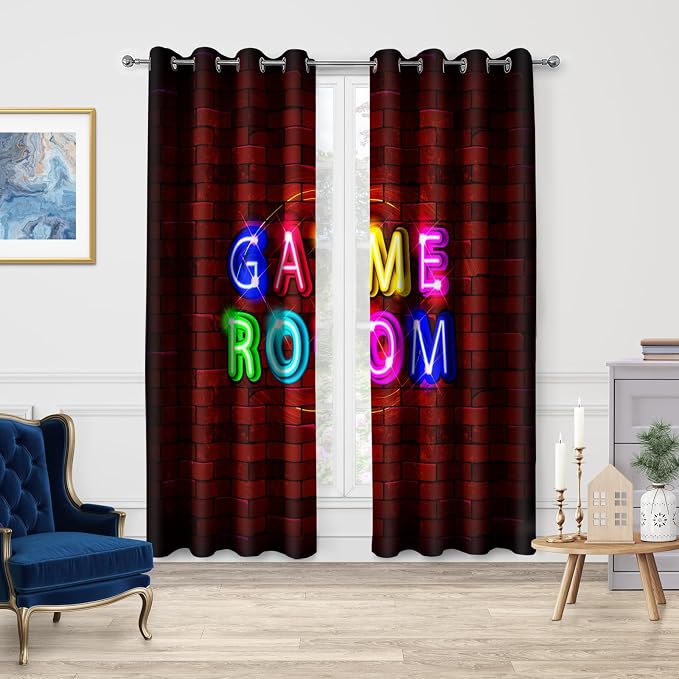 Jekeno Game Room Blackout Curtains - Video Gaming Theme Red Brick Wall Pattern Print Decor Playroom Home Apartment Bedroom Living Room Darkening Grommet Window Drapes 2 Panels Set,52x84 Inch