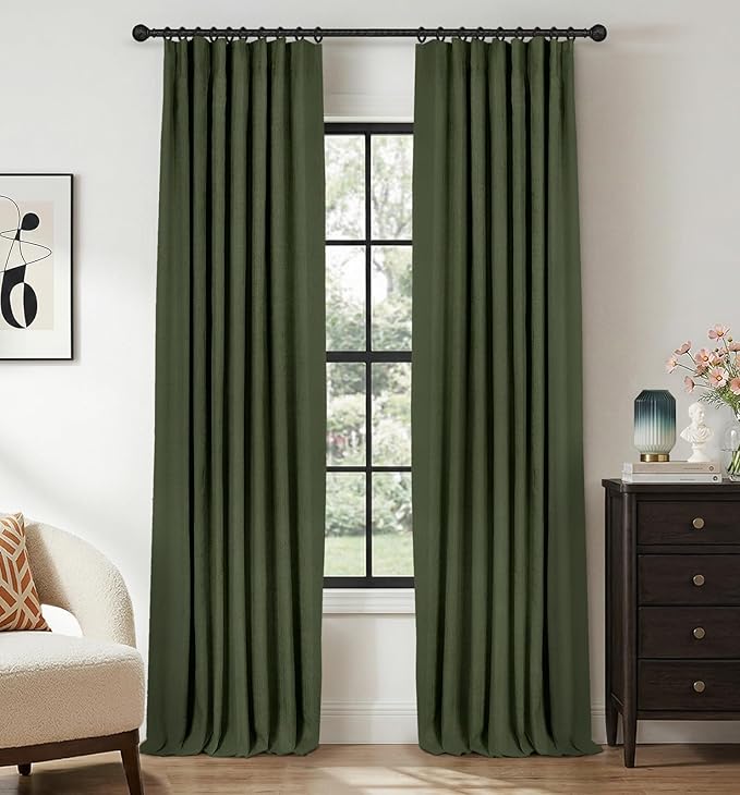 INOVADAY 100% Blackout Curtains for Bedroom, Black Out Curtains 80 Inch Long, Clip Rings Linen Blackout Drapes, Thermal Insulated Room Darkening for Living Room, 2 Panels - Olive Green,W50xL80