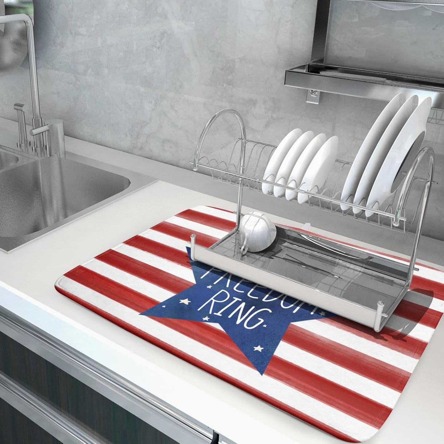 4th of July Dish Drying Mat for Kitchen Counter Patriotic Absorbent Reversible Microfiber Kitchen Countertop Protector Dishes Pad Large 18x24 inch