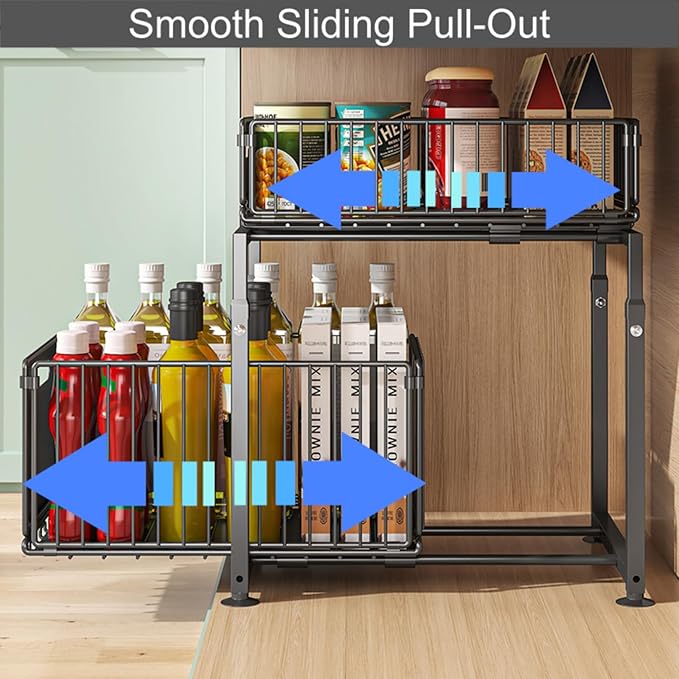 Under Sink Organizer, 2-Tier Multi-Use Kitchen and Bathroom Organizers and Storage, Slide Out Thickened Metal Under The Sink Organizer for Kitchen Bathroom Pantry (Style A White, 2 Pack)