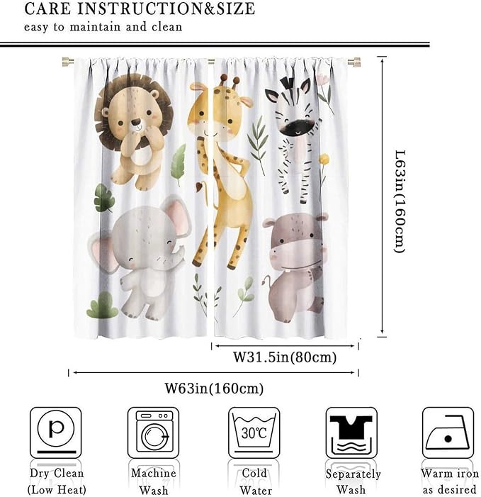 Nursery Curtains Jungle Safari Theme with Giraffe Print, Kids Room Classroom Decor, 63x63 Inches, 75% Blackout Fabric for Baby Nursery, Animal Cub Design, Easy Install & Machine Washable
