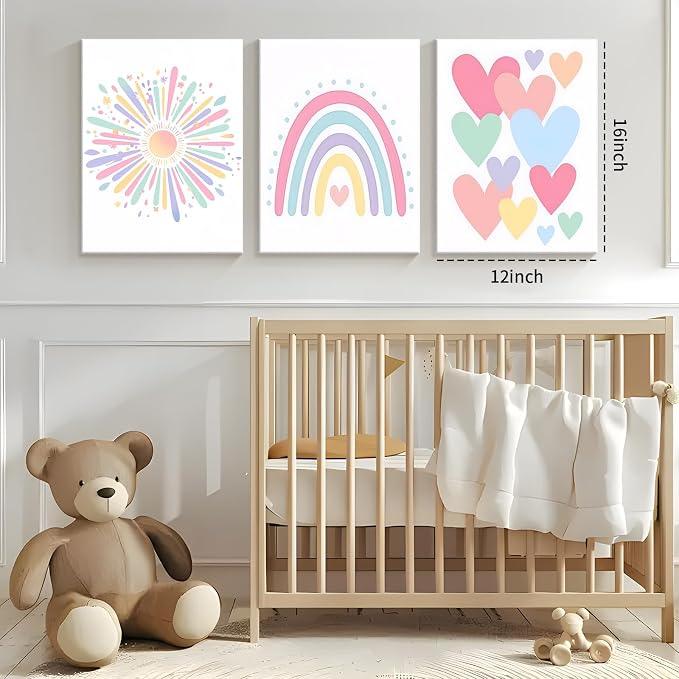 3 Piece Toddler Girl Room Decor Rainbow Decor for Girls Bedroom 12x16 Inch | Colorful Boho Sunshine Paintings for Nursery Decor, Kids Room Wall Decor, Classroom Decoration