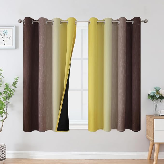 Estelar Textiler Brown and Yellow Blackout Curtains 45 Inch Length, Full Light Blocking Gradient Drapes for Bedroom, Thermal Insulated Grommet Ombre Curtains for Bathroom, 52Wx45L, 2 Panels