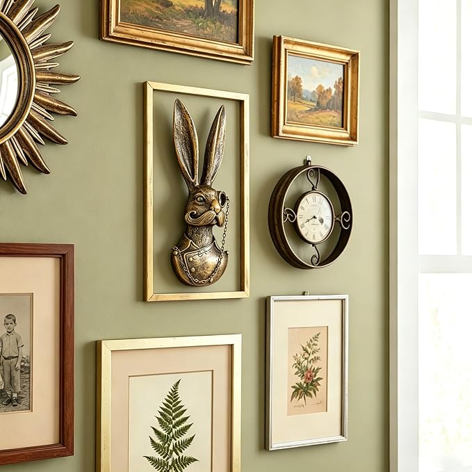 Newinhome Animal Heads Wall Decor (Includes Metal Frame) Bunny Resin Animals Sculptures Old Money Bunny Wall Hanging Decoration Gold vintage Wall Sculpture for Living Room Bedroom Office(Rabbit)