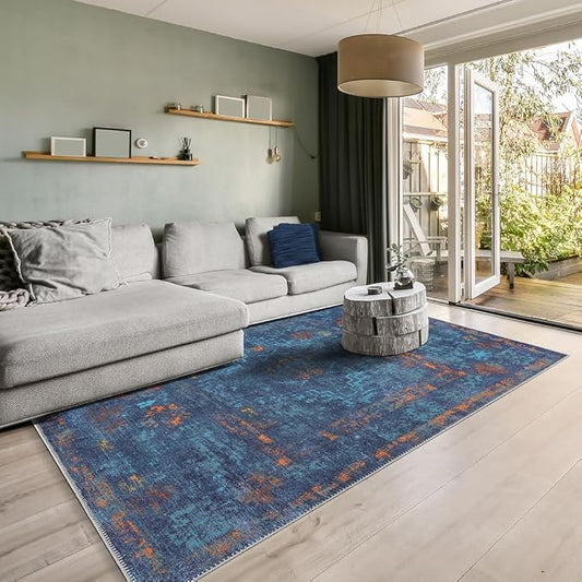 GLN Rugs Contemporary Collection - Machine Washable Area Rug, Contemporary Washable, Non Slip, Low Pile Chenille Rug, Living Room, Bedroom, Kitchen Rug (4' x 6' Midnight/Multi)
