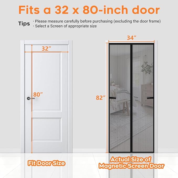 Magnetic Screen Door, Screen Door Mesh, Heavy-Duty Mesh Curtain, Door Net Keep Bugs Out, Hands Free Partition, Screen Size 34” × 82”, Fits 32” × 80” Doors, Pet & Kid Friendly, Black
