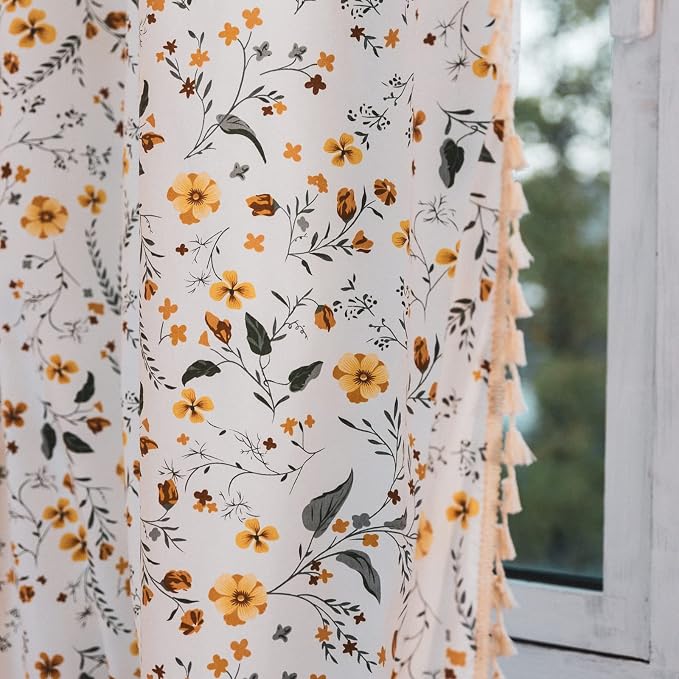 Sutuo Home Boho Curtain Semi-Blackout Vintage Florals Print Cotton Linen Fabric, Handmade Tassels Rod Pocket Bohemian Farmhouse Country Window Drape for Living Bedroom, 59" W x 63" L, 1 Panel