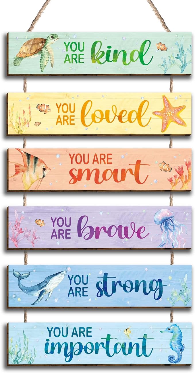 6 Pcs Ocean Decor Kids Room Placards of Wood Decor, Watercolor Ocean Inspirational Positive Quotes Wall Art Hanging Sign for Kids Teens Children Bedroom Princess Toddler Room Nursery Dorm