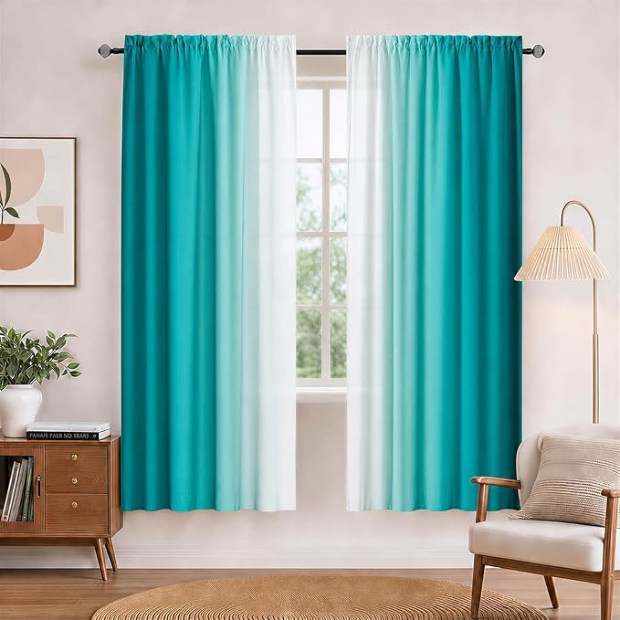 Turquoise Curtains for Living Room 63 Inch Length Teal Ombre Curtains 2 Panel Bedroom Turquoise Ombre Light Filtering Window Curtain Modern Gradient Drapes
