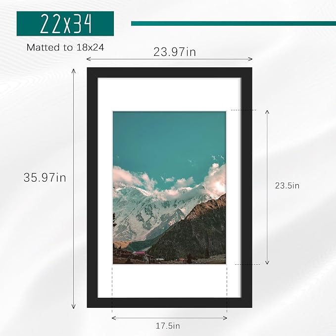 Picrit 22x34 Picture Frame 3 Pack, Black Poster Frame, Display Poster 18 x 24 with Mat or 22 x 34 without Mat for Horizontal or Vertical Wall Mounting