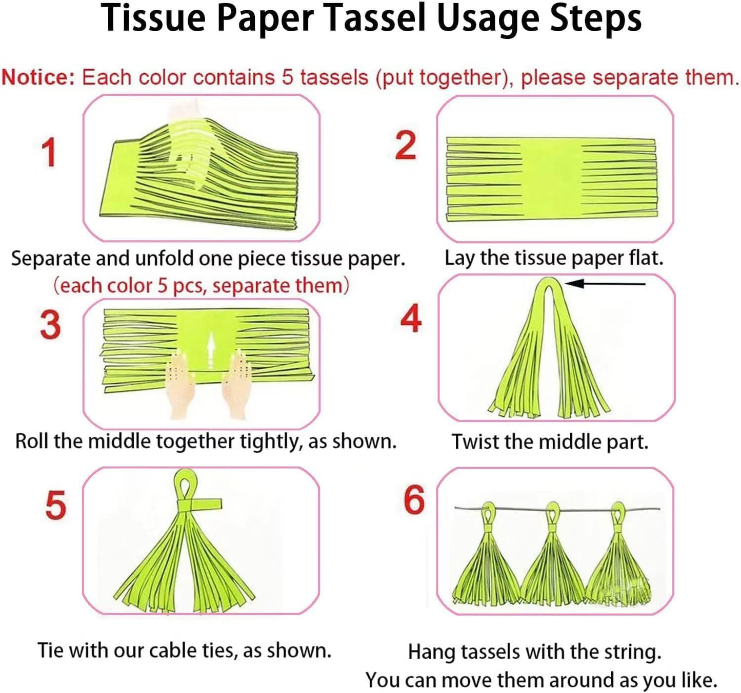 CC wonderland zone Pink and Green Tassel Garland,Paper Tissue Tassel Banner for Party Decorations,Pack of 20