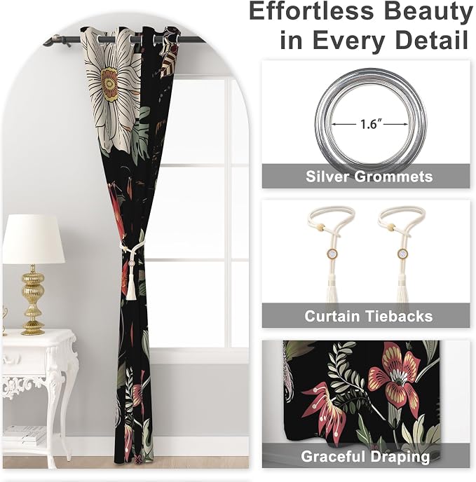 Boho Blackout Curtains for Bedroom, Black Out Window Bedroom Curtains 84 Inch Length 2 Panels Set, Floral Thermal Insulated Room Darkening Blackout Curtains for Living Room with Two Curtain Tiebacks