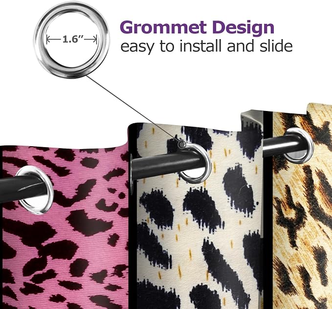 Wild Animal Print Curtain, Room Darkening Thermal Insulated Blackout Leopard Boa Window Drapes with Grommets for Living, Dining, Bedroom, Pink Leopard Print, 52"x 63", 2 Panels