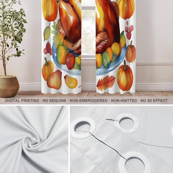 Shrahala Turkey Pumpkin Thanksgiving Thermal Insulated Blackout Window Curtains, Watercolor Fruits Delicious Food Pears Long Drapes for Bedroom/Living Room with Plastic Grommet, 52X84 Set of 2