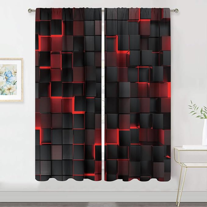 MESHELLY Abstract Red Black Curtains 29Wx63H Inch Rod Pocket Modern 3D Gradient Design Futuristic Geometric Cubes Bedroom Window Drapes Man Boys Printed Living Room Window Treatment Fabric 2 Panels