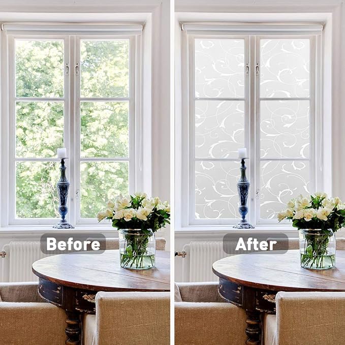 LEMON CLOUD Window Privacy Film, No-Adhesive Static Decorative Window Film, Frosted Stained Glass Window Cling Vine Design (17.5 x 78.7 Inch, White Leaf)